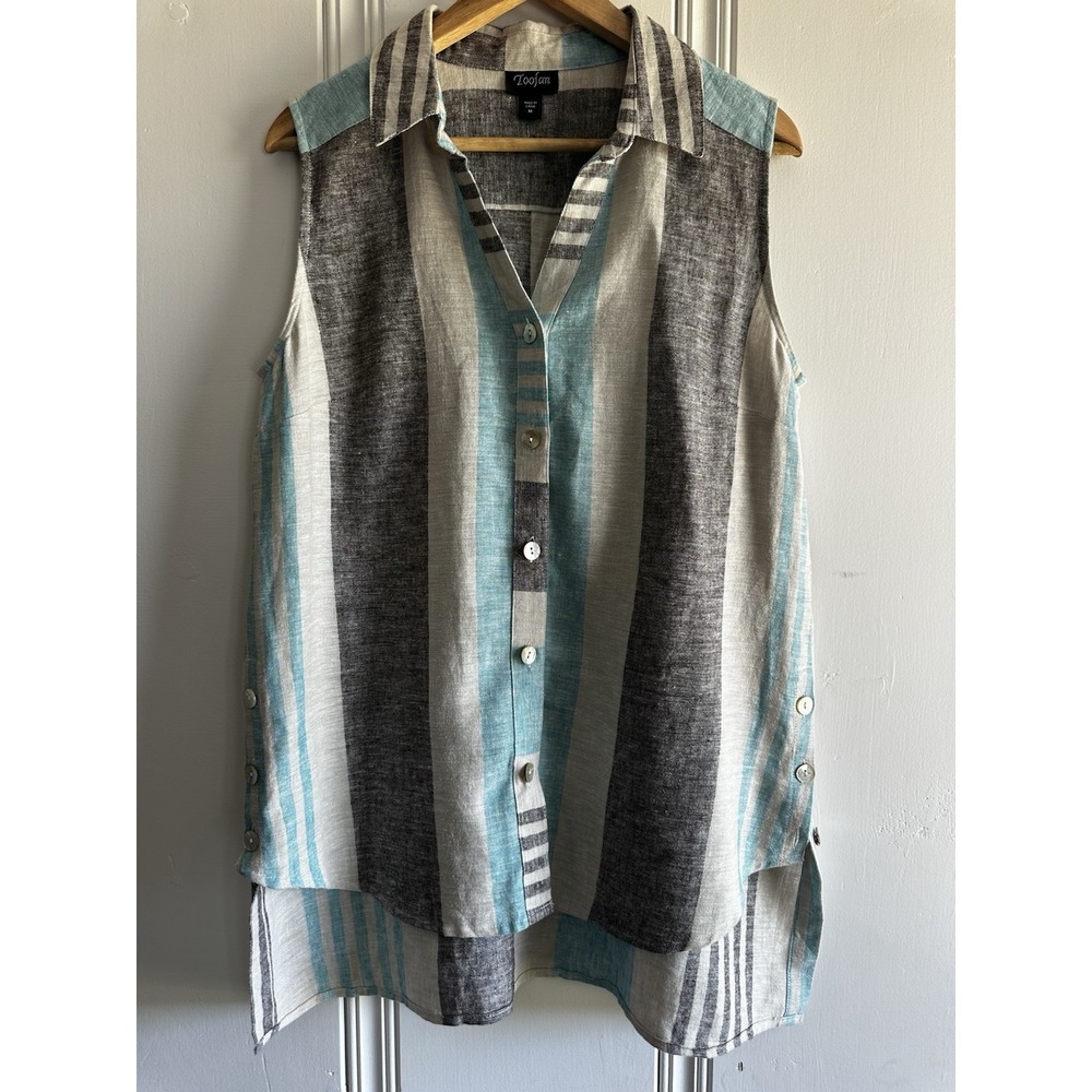 100% Linen‎ Striped Sleeveless Tunic Top Medium Coastal Minimalist High Low